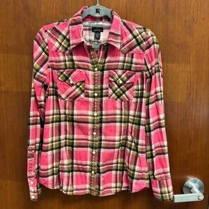 Y2K Vintage Lucky Brand Pink Plaid Flannel Button Down Shirt Pearl Snaps size S